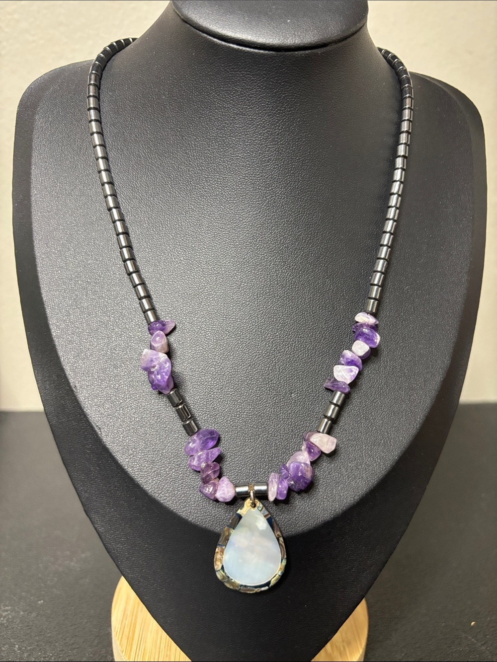 Hematite Beaded Amethyst Chip Necklace Opalescent Teardrop Pendant - Purple